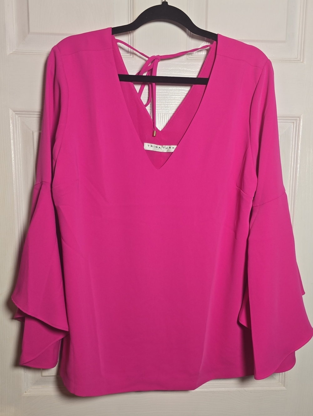 Trina Turk M/L Hot Pink V-Neck Bell Sleeve Blouse - Picture 2 of 5